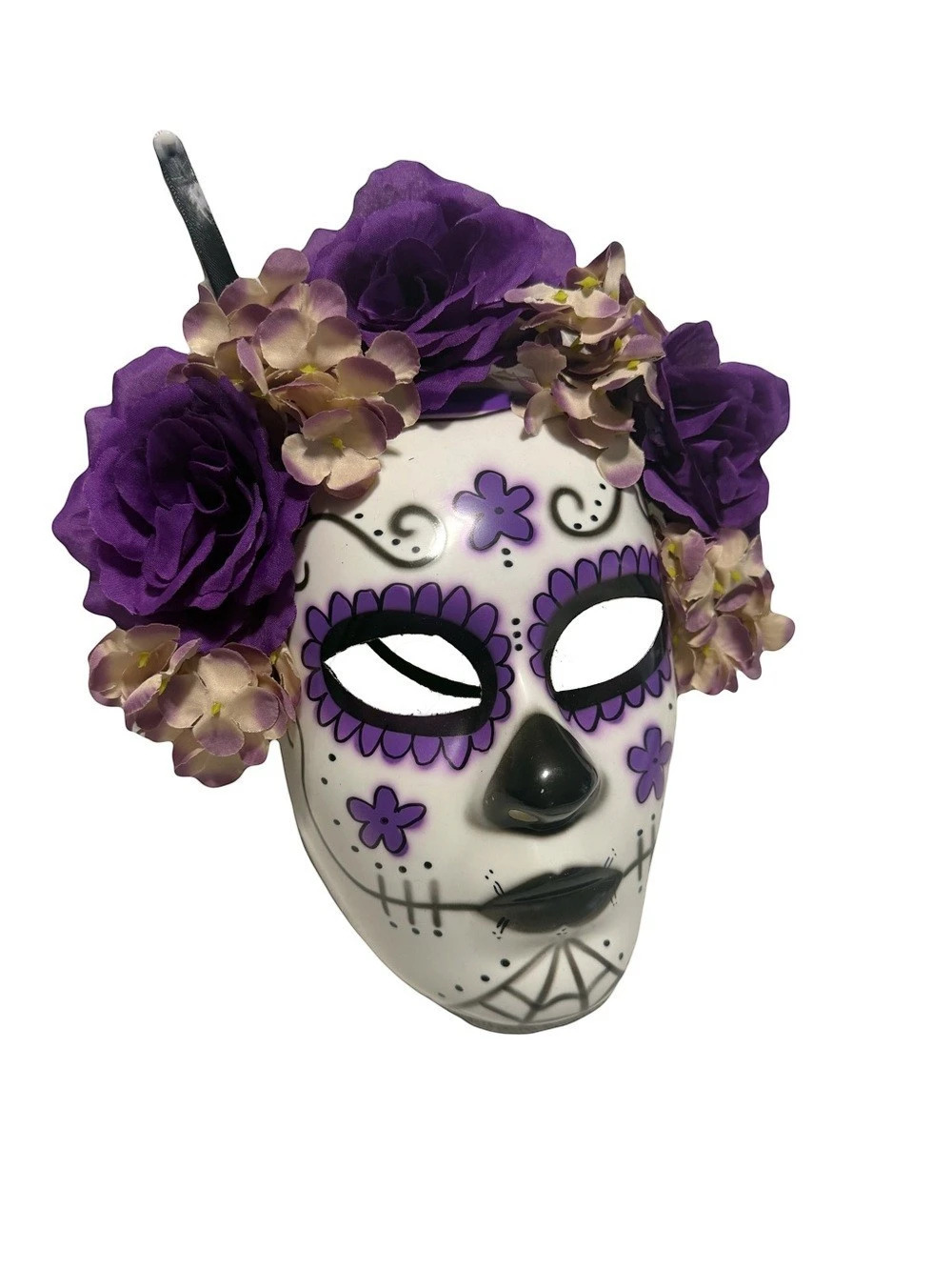 Dia de los muertos day of the dead purple floral crown woman's mask Halloween
